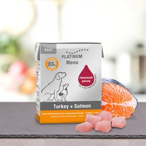 PLATINUM Menu Adult Turkey + Salmon - Премиум мокра храна с пуешко месо и сьомга за кучета 185гр/375гр - petvitaminhouse - 5,40 лв