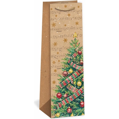 ARGUS Darčeková papierová taška NATUR na víno (11 x 36 cm) - Stromček s girlandou 08340099