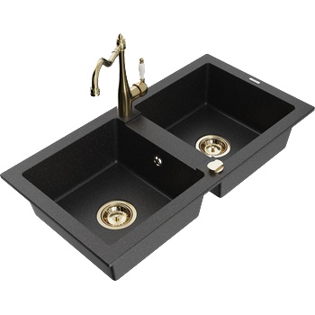 Mexen Mario двукоморна гранитна мивка с кухненски смесител Carla, черен/сребърен металик - 6504-73-670700-50 (6504-73-670700-50)