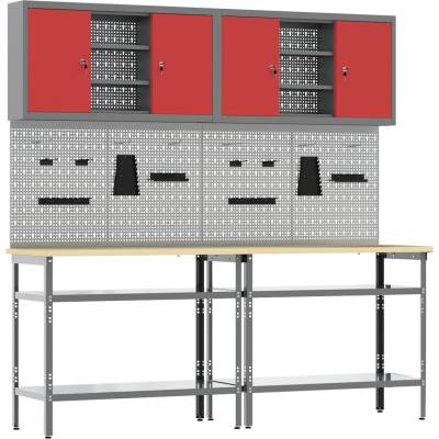 vidaXL Комплект работна маса с рафт със съхранение 8 pcs Червен и сив (3321503)