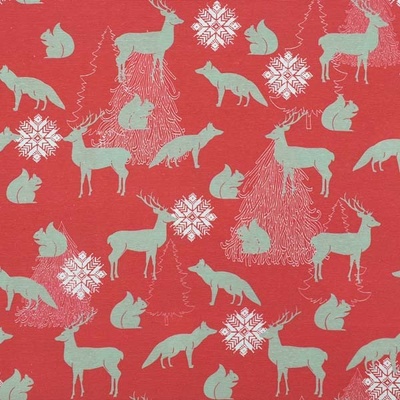 Dekorační látka červená, lesní zvěř, š.140