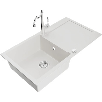 Mexen Leo гранитна мивка с 1 гнездо и отцедник и кухненски смесител Carla, бял - 6501-20-670700-00 (6501-20-670700-00)