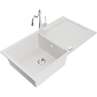 Mexen Leo гранитна мивка с 1 гнездо и отцедник и кухненски смесител Carla, бял - 6501-20-670700-00 (6501-20-670700-00)