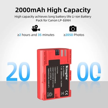 KingMa Батерия LP-E6NH 2000mAh Canon EOS 5D Mark II/III/IV, 5DS, 5DS R, 6D, 6D Mark II, 7D, 7D Mark II, 70D, 80D, 90D, R, R5, R5C, R6, R7, Ra, XC10, XC15, BMPCC 4K, BMPCC 6K (5900113 #4)