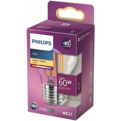 Philips LED žiarovka 1x6,5W E27 806lm 2700K teplá biela, číra, EyeComfort