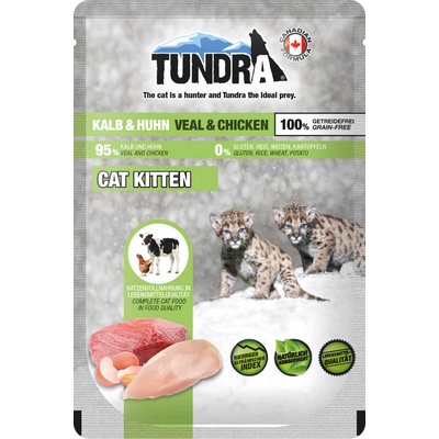 TUNDRA Kitten Pure Veal and Chicken - Премиум пауч за подрастващи котки, без зърно, с чисто пилешко и телешко месо, 100 гр