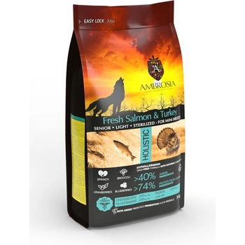 AMBROSIA Ultra premium Mini adult sterilized, senior, light от малки породи за кастрирани, възрастни и с наднормено тегло с прясна сьомга и пуйка