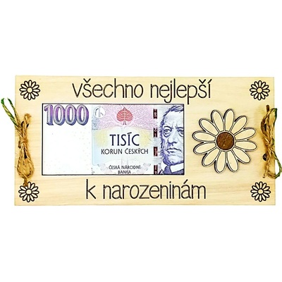 Dekorace z Řečice Dřevěná dárková karta na peníze k narozeninám kopretina.