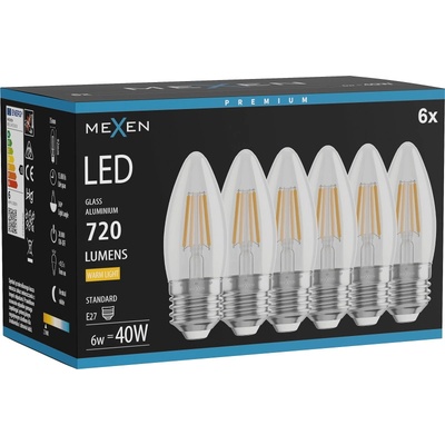 Mexen Vintis 6x LED крушка с нажежаема жичка E27, C35, 6W, Топла - 2700K, 720 lm, прозрачна (L154-E27-0627-00x06)