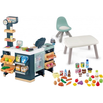 Smoby Set obchod elektronický zmiešaný tovar s chladničkou Maxi Market a stůl se židlí KidChair a potraviny v síťkách