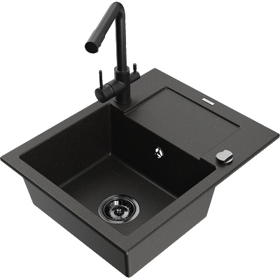 Mexen Enzo гранитна мивка с 1 отделение с отцедник и кухненски смесител Duero, черен на пръски - 6506-76-671600-70-B (6506-76-671600-70-B)