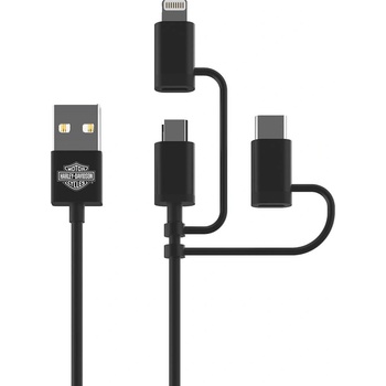 Harley Davidson Здрав кабел с въжена оплетка за устройства с Lightning, microUSB и USB-C порт (180 см) - Harley Davidson 3-in-1 USB Universal Cable (черен) (09527)