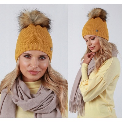Fashionweek dámská zimní čepice s bambulí flísová podšívka ZIZI-V12 Hořčičný