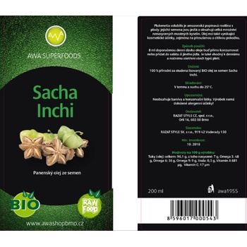 AWA superfoods Sacha Inchi olej Bio Raw 200 ml