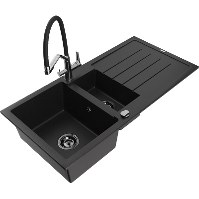 Mexen Andres Гранитна кухненска мивка 1, 5-камерна с отцедник и кухненски смесител Duo, черен - 6515-77-671701-07-B (6515-77-671701-07-B)