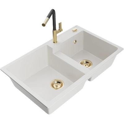 Mexen Tomas гранитна мивка с 2 камери с кухненски смесител Flora, бял - 6516-20-670401-57-G (6516-20-670401-57-G)