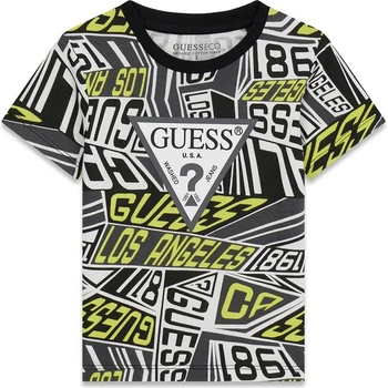 GUESS Тениска за мини момчес надписи в бяло, черно и жълто със сиво лого Guess