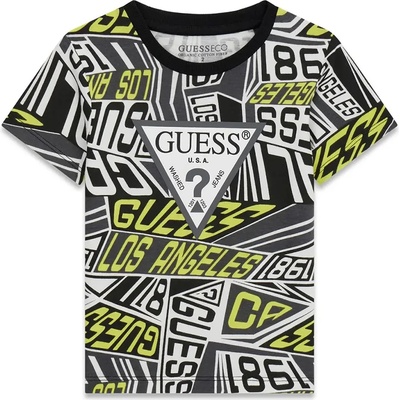 GUESS Тениска за мини момчес надписи в бяло, черно и жълто със сиво лого Guess