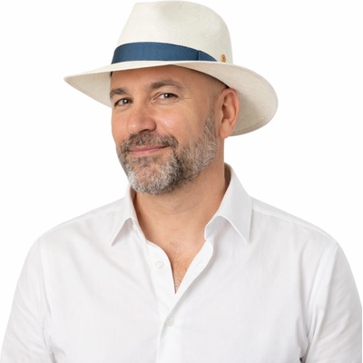Mayser Menton luxusní panamský klobouk Fedora bělený s modrou stuhou UV faktor 80