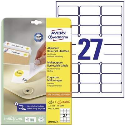 Avery-Zweckform L4737REV-25 63.5 x 29.6 mm papier biela 810 ks premiestniteľné univerzálne etikety atrament, laser, kópie; L4737REV-25