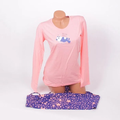 Дамска пижама в светлорозово и синьо с мече и звезди