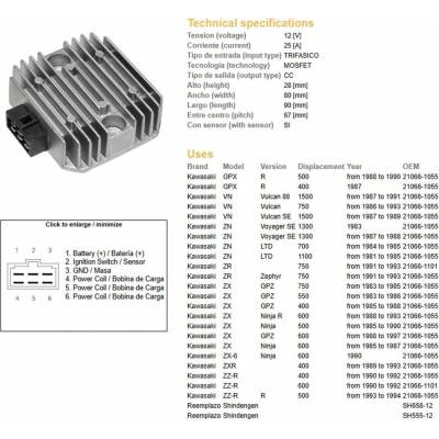 DZE regulátor napětí KAWASAKI VN 750/1500; ZN 700/1100; ZR 750 91-93; ZX 400/550/600; ZZ-R 400/500/600 (RGU-403, ESR260) (21066-1101) - nahrazuje 2306-01