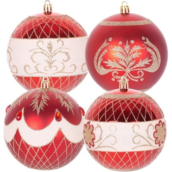 MagicHome Gule 4 ks červené s ornamentami na vianočný stromček 10 cm