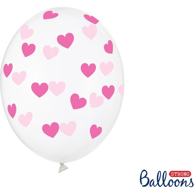 PartyDeco Balónky průhledné se sytě růžovými srdíčky 30 cm