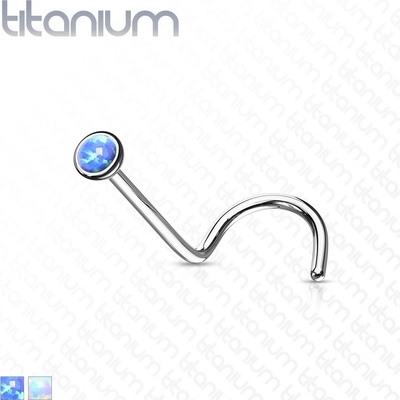 Šperky eshop zahnutý piercing do nosu z titanu syntetický opál v kulaté objímce W28.15 bílá