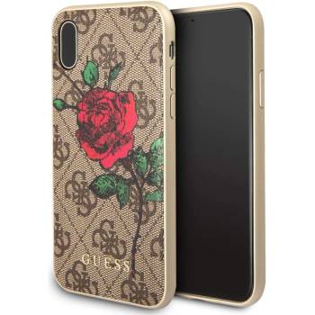GUESS Flower Desire Leather Hard Case - дизайнерски кожен кейс за iPhone XS, iPhone X (кафяв)