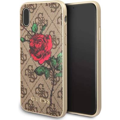 GUESS Flower Desire Leather Hard Case - дизайнерски кожен кейс за iPhone XS, iPhone X (кафяв)