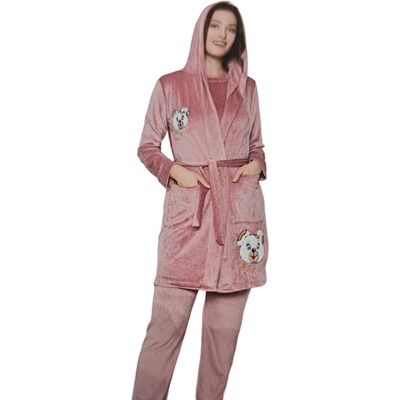 Дамски плюшен комплект от халат и пижама в розово