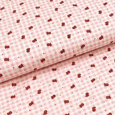 Bavlněné plátno P0482 růžovo-bílé káro, červené tečky a kytky, š.140