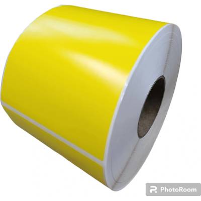 Plastová Etiketa 148 mm x 210 mm, Polypropylén White, Žltá s matným TTR lakom celoplošne, Dutinka 76 mm, 1000 ks/kotúč, Permanentné lepidlo, Priemer kotúča 217 mm