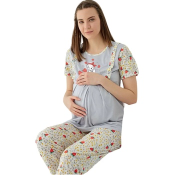 Image 1 of Пижама за кърмачки в сиво и бяло с бебенце и ягодки
