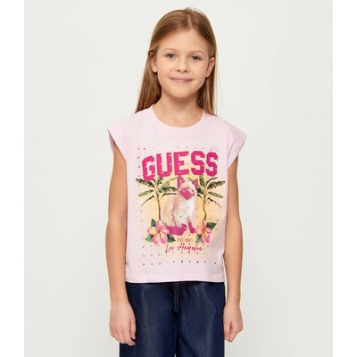 GUESS Розова Oversize тениска за момиче с коте и кристали Guess