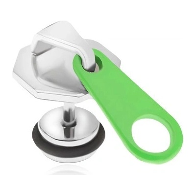 Šperky eshop ocelový fake plug do ucha zip s neonově zeleným jazýčkem PC01.13