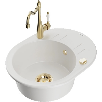 Mexen Kevin кухненска мивка от гранит с 1 отделение и сушилник и кухненски смесител Carla, бял - 6517-20-670700-50 (6517-20-670700-50)