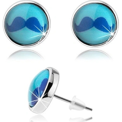 Šperky eshop puzetové cabochon náušnice vypouklé sklo obrázek modrého knírku SP71.13