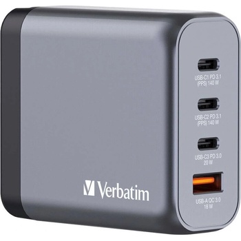 Verbatim GaN Fast Wall Charger 140W - захранване за ел. мрежа за мобилни устройства с 1xUSB-A и 3xUSB-C изходи с технология за бързо зареждане и преходници за цял свят (тъмносив)