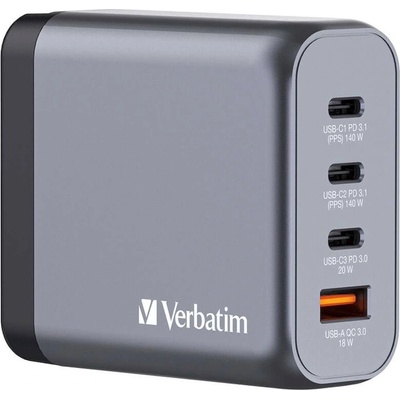 Verbatim GaN Fast Wall Charger 140W - захранване за ел. мрежа за мобилни устройства с 1xUSB-A и 3xUSB-C изходи с технология за бързо зареждане и преходници за цял с