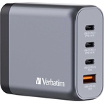 Verbatim GaN Fast Wall Charger 140W - захранване за ел. мрежа за мобилни устройства с 1xUSB-A и 3xUSB-C изходи с технология за бързо зареждане и преходници за цял свят (тъмносив)