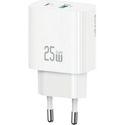 USAMS Зарядно устройство за електрическата мрежа USAMS T65 USB+Type-C гнездо 25W, бързо зарядно устройство PD, FEHÉR CC315TC02 (CC315TC02)
