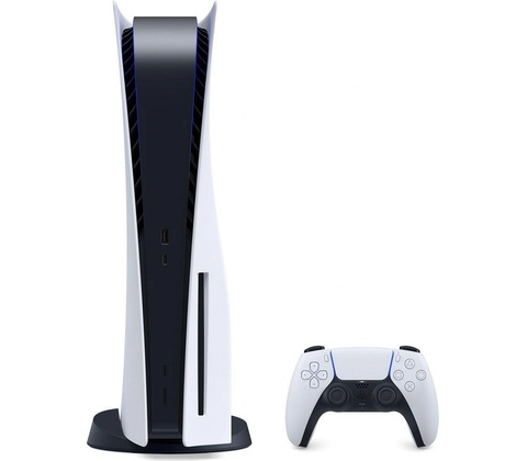 playstation-5-slim, pohled na konzoli a ovladač vedle sebe