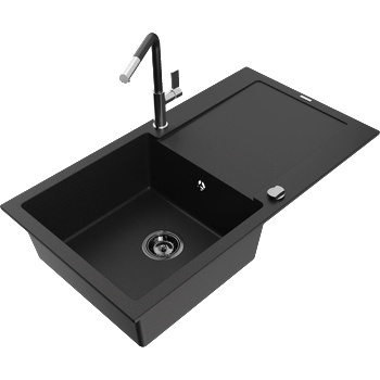 Mexen Leo еднокамерна кухненска мивка от гранит с отцедник и кухненски смесител Flora, черен - 6501-77-670401-07-B (6501-77-670401-07-B)