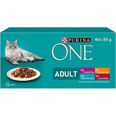 Purina One minifiletky s jahňacím morskými rybami kuraťom Hovädzím a zeleninou v šťave 40 x 85 g