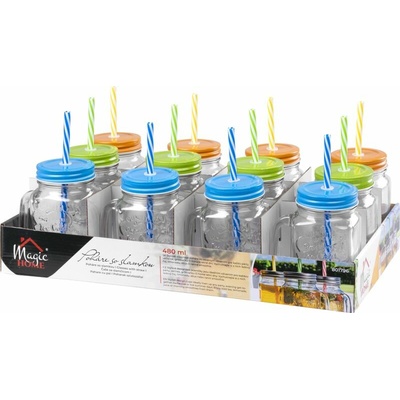 Pohár MagicHome, so slamkou, s farebným viečkom, sklo, 480 ml, Sellbox 12 ks