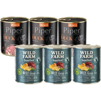 Dolina Noteci Piper pre psy s kačkou a hruškou 3 x 800 g & Wild Farm Superfood Beef 3 x 800 g