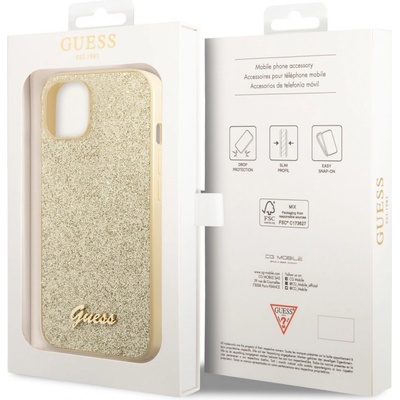 Pouzdro Guess PC/TPU Glitter Flakes Metal Logo iPhone 14 zlaté