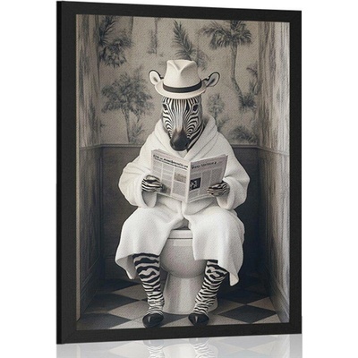 Plakát zebra s novinami na záchodě - 60x90 silver